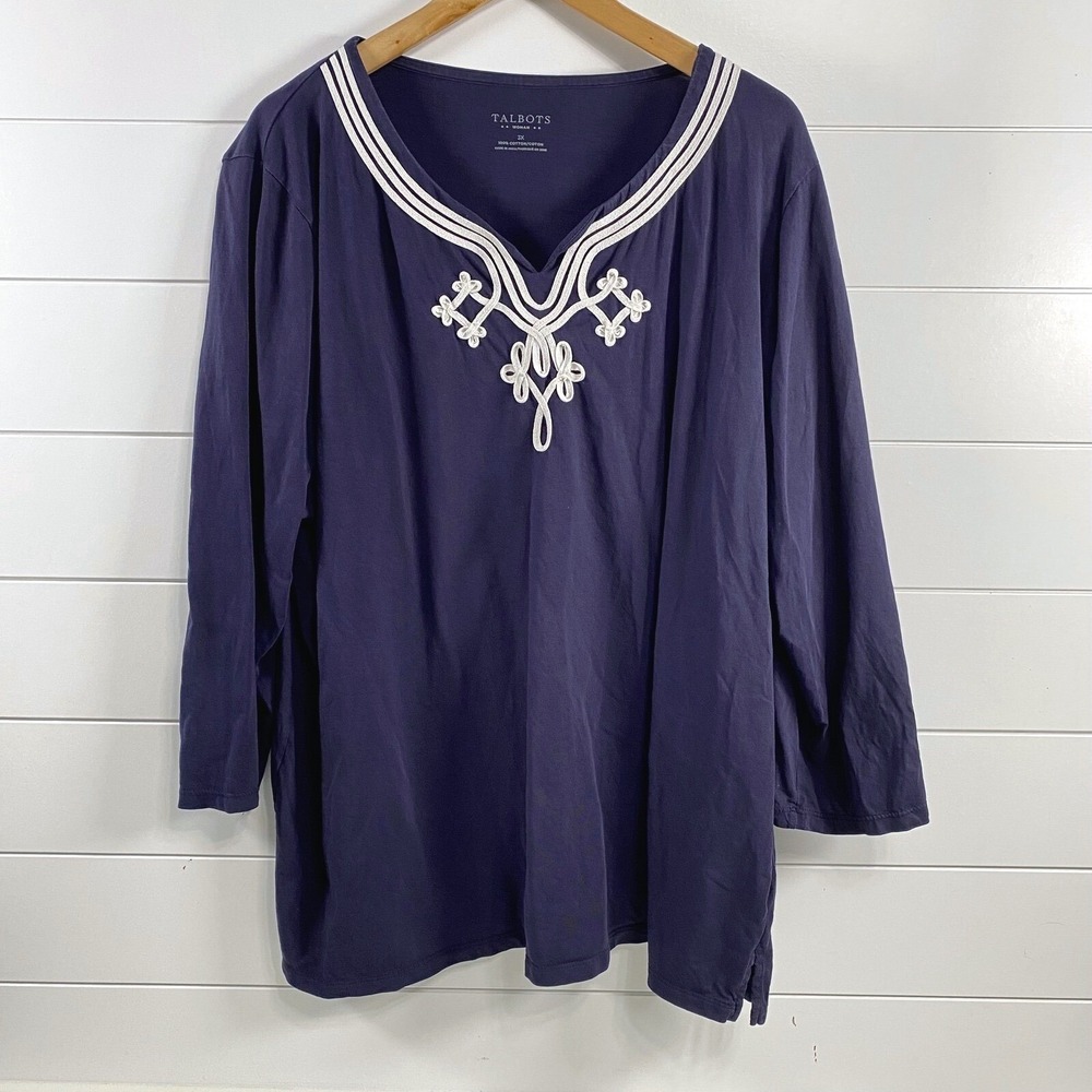 Talbots Womens Embroidered 100% Cotton Top sz 3X Blue Nautical Resortwear Preppy
